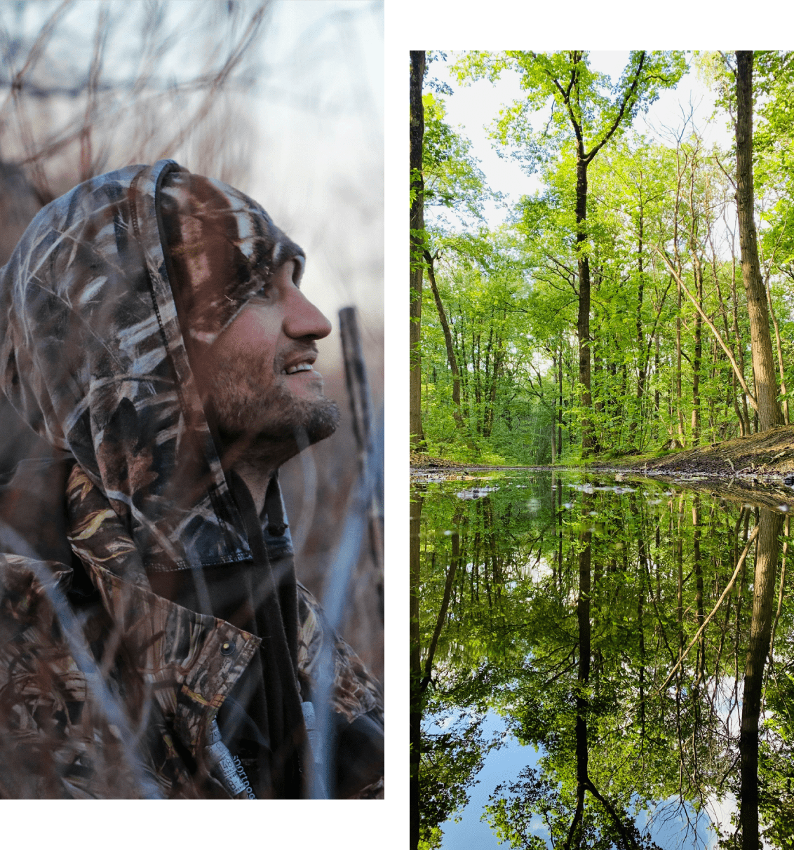 Image 1 A man in camouflage and trees reflected in water.